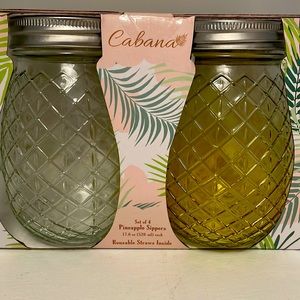 Cabana set of 4 pineapple mason jars with lids & reusable straws NEW 4 colors